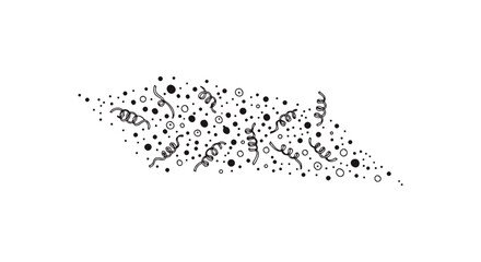 Hand-Drawn Minimalist Confetti and Streamers Burst – Black and White Ink Illustration Featuring Scattered Dots and Curling Lines in a Diagonal Celebration Cloud on White Background