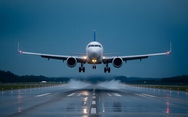 Obraz premium Airplane Landing on a Wet Runway at Night Illuminated by Lights a Dramatic Scene of Modern Aviation