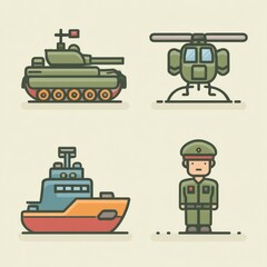 Military equipment illustration tank helicopter ship soldier