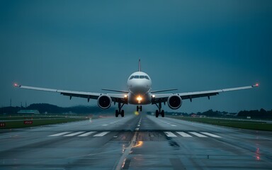 Naklejka premium Dramatic Airplane Landing on a Wet Runway at Twilight Preparing for Touchdown with Lights and Moody Sky