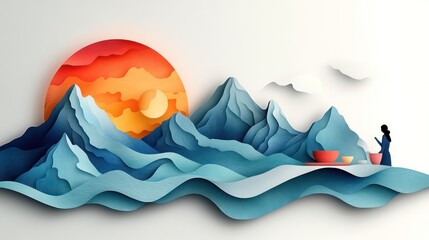 Minimalist mountain landscape vector with pastel gradients and clean lines