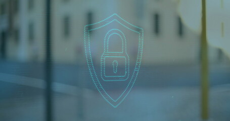 Floating holographic shield icon over blurred city street background, with padlock icon