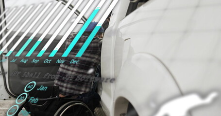 Man in wheelchair wearing plaid shirt and beanie inspecting car door in garage, featuring bar chart