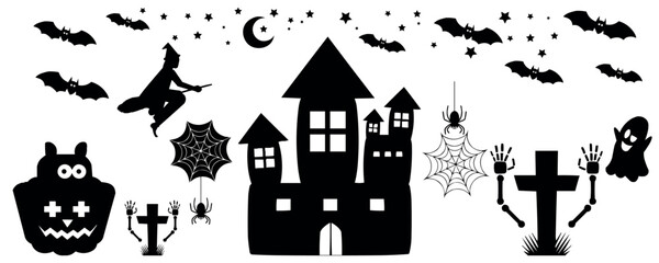 Spooky Halloween Silhouette Elements Set with Haunted House, Witch, Ghosts, and Bats. Vector illustration isolated on clear background.