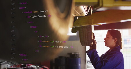 Female mechanic in blue coverall examining vehicle underside in shop with HTML overlay, copy space