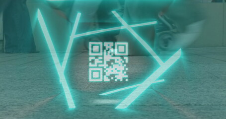 Shining holographic teal QR code and neon rods hovering above concourse, commuters wheeling luggage