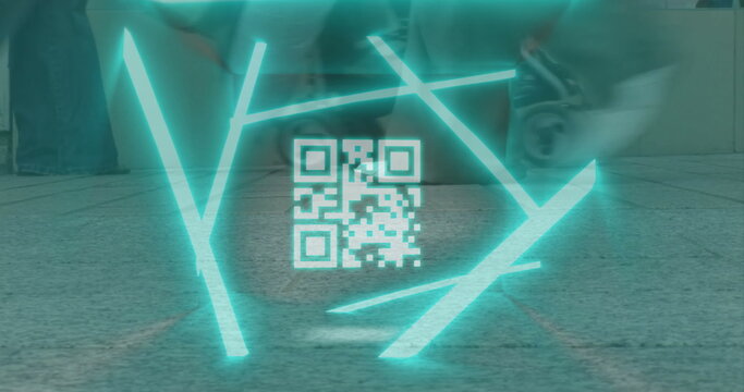 Shining holographic teal QR code and neon rods hovering above concourse, commuters wheeling luggage