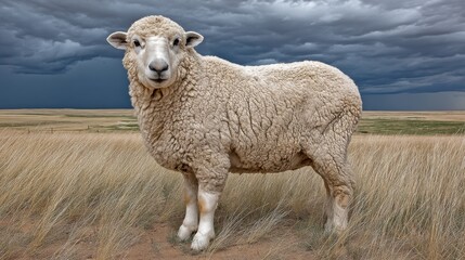 Fototapeta premium A sheep standing in a grassy field under a cloudy sky with dark storm clouds