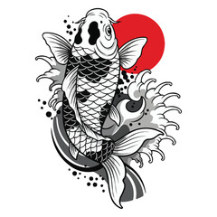 Koi Fish with Red Sun and Waves