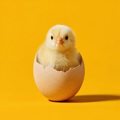 Cute baby chick hatched from egg yellow background