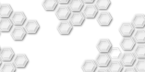Modern white hexagonal abstract background with 3D layered shapes and soft shadows, creating a...