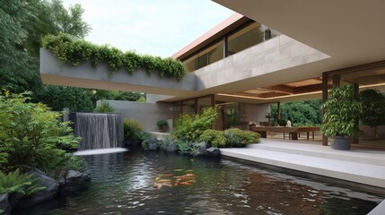 A modern house with an integrated indoor waterfall and a koi pond