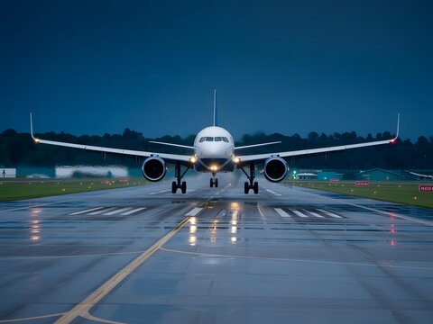Airplane Landing on Wet Runway at Dusk, Head On View Showcasing the Landing Gear and Striking Reflection