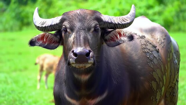 Majestic Water Buffalo with Large Horns in Lush Green Field Looking at Camera