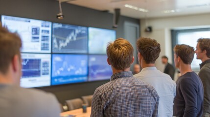 Young men watching a presentation on large screens in an office