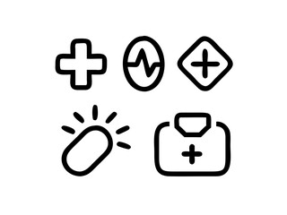 Obraz premium Simple graphic depicting healthcare and medicine concepts. This clean, vector graphic displays various healthcare and pharmaceutical icons: plus signs representing medical care, pills, and a capsule.