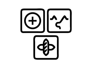 Simple graphic depicting healthcare and medicine concepts. This clean, vector graphic displays various healthcare and pharmaceutical icons: plus signs representing medical care, pills, and a capsule.