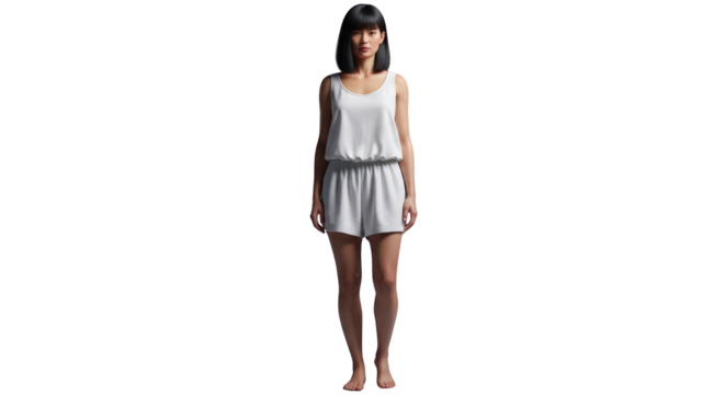 An image of asian woman in white outfit.. The scene includes fashion, hair, white, elegant, style, full-length, simple, front view,