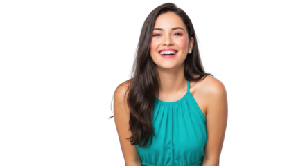 An image of beautiful woman smiling with joy.. The scene includes face, fashion, hair, white, elegant, style, beauty, looking, smile,