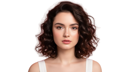 An image of beautiful woman with curly brown hair.. The scene includes face, fashion, hair, headshot, charming, front, white, elegant,