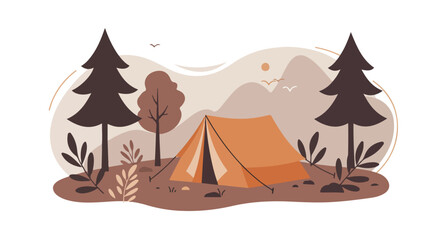 Tent camping in the woods with mountains and birds for vacation & nature posters