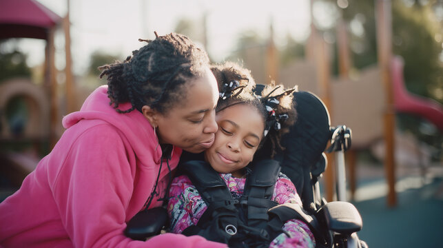 Happy candid mixed race mother and disabled child in a wheelchair spending time together in a park playground. Supportive inclusive family with handicapped children. Inclusion & diversity	