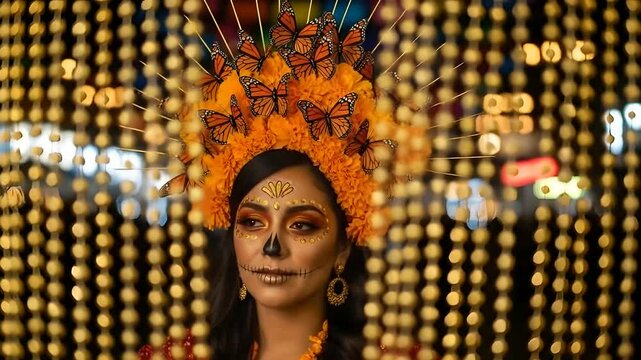 Day of the Dead woman. Sugar skull makeup girl in ornate costume poses at Dia de los Muertos celebration. Use for cultural events, Hispanic traditions, and memorial day projects.