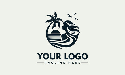 Silhouette logo design featuring a woman, palm tree, ocean, and sunset.