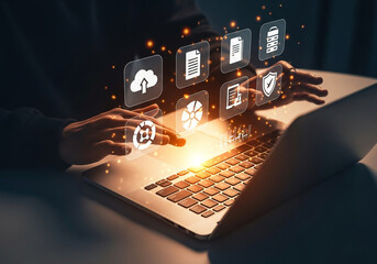 Person interacting with digital icons representing cloud computing and security on a laptop