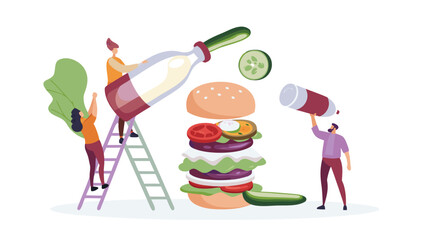 People making a large burger with ingredients like lettuce tomato and cucumber using ladders and tubes