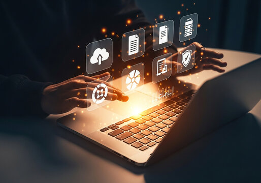 Person interacting with digital icons representing cloud computing and security on a laptop