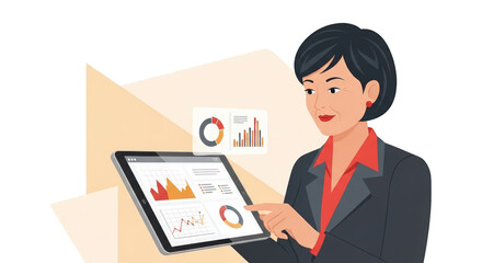 An image of businesswoman analyzing data on tablet.. The scene includes data, businesswoman, pointing, growth, market, digital, screen, office, style,