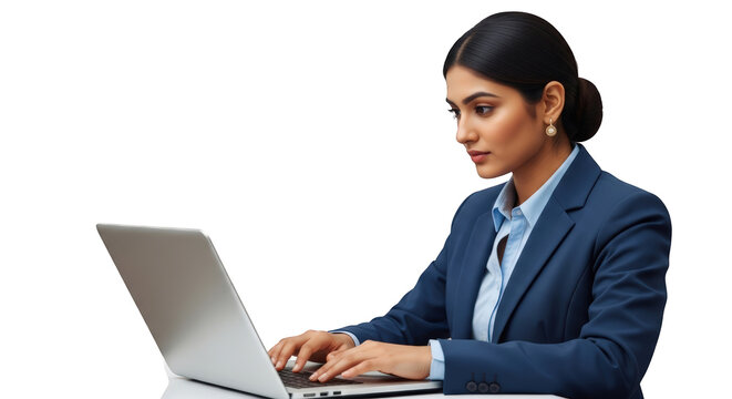 An image of businesswoman working on laptop computer.. The scene includes attire, data, stylish, businesswoman, office, elegant, digital, chic, research,