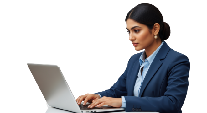 An image of businesswoman working on laptop computer.. The scene includes attire, data, stylish, businesswoman, office, elegant, digital, chic, research,