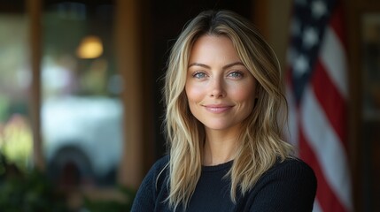 Women's Day: Smiling Portrait of Young Woman by American Flag – Conveying Vitality and Beauty