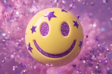 Vibrant yellow smiley face adorned with sparkling purple stars and glitter creating a joyful, celebratory mood against a dreamy bokeh background.