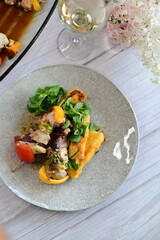 Top-down view of a colorful plated meal featuring a grilled chicken skewer, fresh salad, and creamy polenta on a white background.
