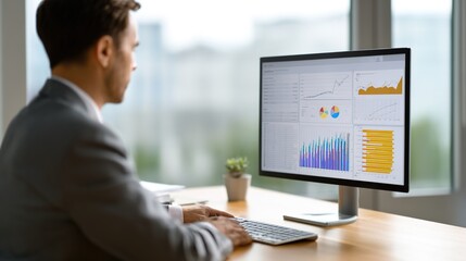Data Analysis and Insights: A business professional is deeply immersed in the digital landscape, focused on in-depth data analysis displayed on a high-definition monitor.