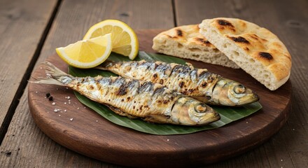Authentic Portuguese Grilled Sardines on Rusty Metal Plate with Lemon and Bread, Wooden Dock Ambience