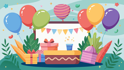 Vector art of joyful birthday gathering featuring a delicious cake, colorful balloons, wrapped gifts, and festive elements, ideal for a happy celebration
