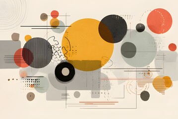 Dynamic abstract composition featuring overlapping geometric shapes circles lines and textures in a modern minimalist palette evoking creativity innovation and contemporary design.