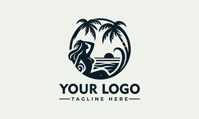 Silhouette of a mermaid enjoying a tropical sunset beach scene, within a circular logo design.