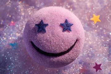 Sparkling pink smiley face with starry eyes radiates pure joy and whimsical delight against a dreamy, bokeh-filled background