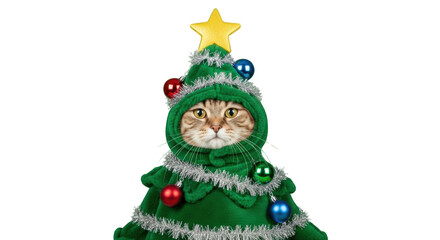 An image of cat in christmas tree costume.. The scene includes domestic, playful, humor, surprise, white, adorable, gift, decoration, tabby,