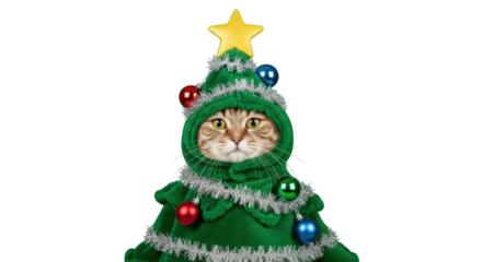 An image of cat in christmas tree costume.. The scene includes domestic, playful, humor, surprise, white, adorable, gift, decoration, tabby,