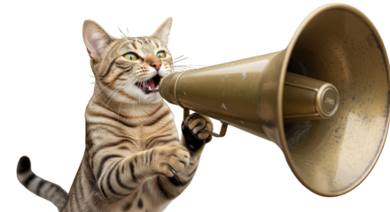 An image of cat shouting into vintage megaphone.. The scene includes old, golden, domestic, curious, playful, humor, retro, sound, loud,