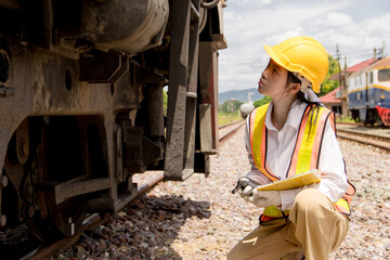 Asian young teen engineer worker work in Train station, Old locomotive service maintenance