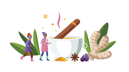 Two figures preparing a herbal remedy with ginger, star anise, and turmeric in a large white cup