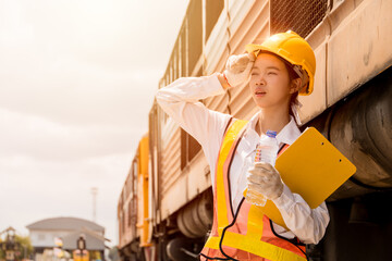 Young lady engineer worker feel tired exhausted from hard working outdoor hot UV in sunny summer day