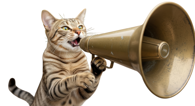 An image of cat shouting into vintage megaphone.. The scene includes old, golden, domestic, curious, playful, humor, retro, sound, loud,